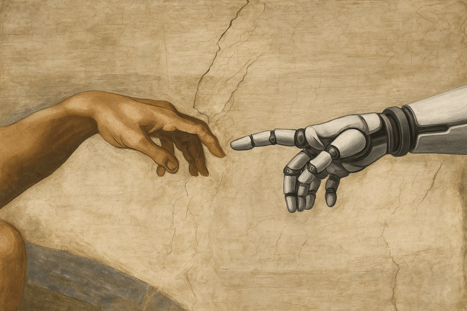 Human hand touches robot hand