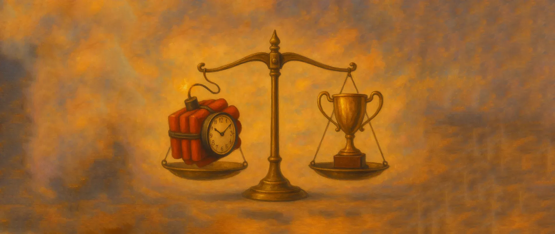 A scale balancing on one side an old clock fused with dynamite, and on the other side, a golden trophy. The background is in warm tines, dreamy, painterly, and surreal.
